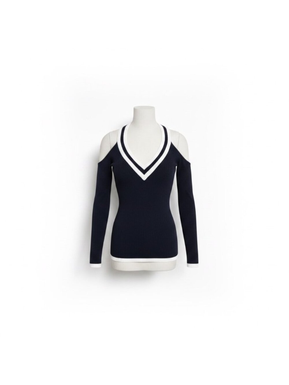 Bailey/44 Womens Navy  Cold Shoulder Sweater V-Neck Long Sleeve Trim Sz S